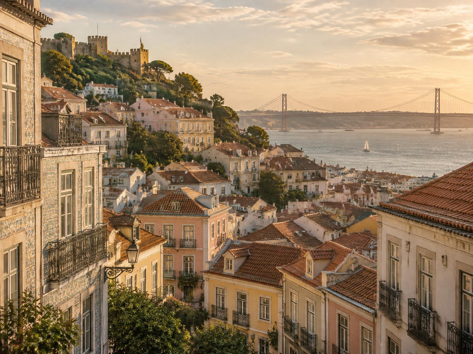 Rooftops of Lisbon in late-afternoon light, with the river and bridge beyond